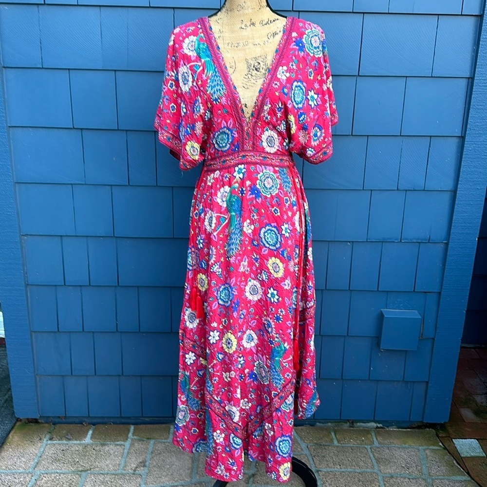 Gorgeous Boho dress red floral bird, bohemian hippie girl medium deep V